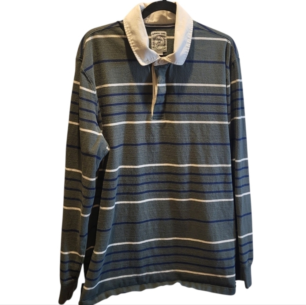 Vintage Lands End Mens Striped Rugby Green & Blue Cotton Shirt Size XL